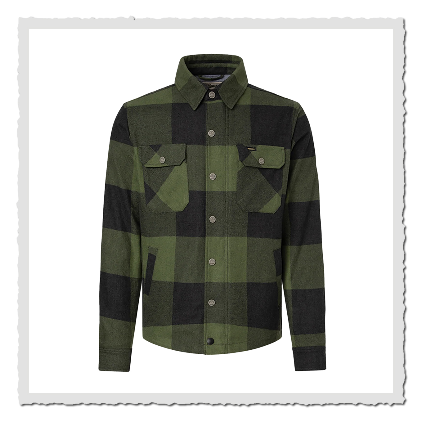 Grün-schwarz kariertes Rider Shirt vorn, freigestellt auf weißem Hintergrund, Kragen, Knöpfe und Taschen sichtbar.